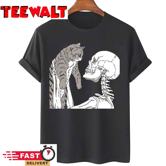 Skeleton Holding A Cat Shirt Lazy Halloween Costume Skull T-Shirt