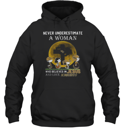 Peanuts Characters Never Underestimate A Woman Who Believes In Jesus And Loves UCF Knights T-Shirt