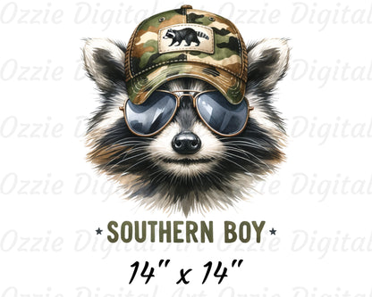 Southern Boy Retro Raccoon Camouflage T-Shirt Design Dtf