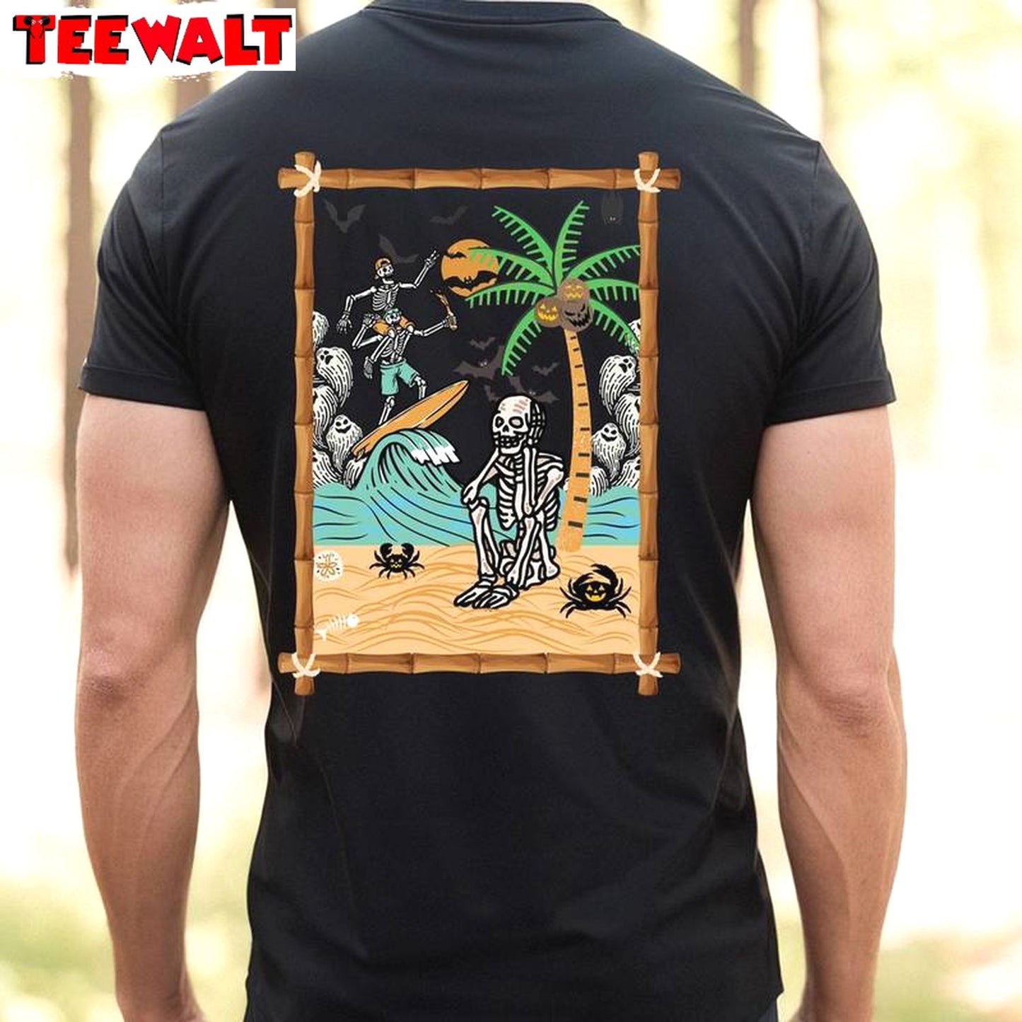 Spooky Summer Inspired Shirt, Surfing Skeleton Summer Crewneck Long Sleeve