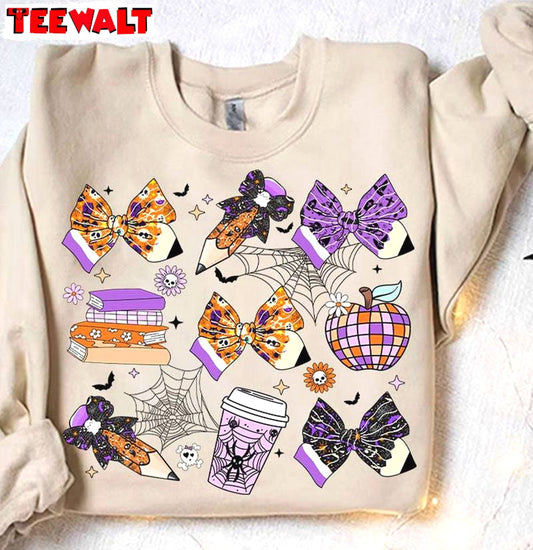 Teacher Halloween Pencil Unisex Hoodie, Halloween Coquette Bow Long Sleeve Tee Tops