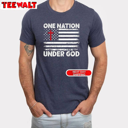 Limited One Nation Under God Shirt, American Flag With Cross Short Sleeve Crewneck