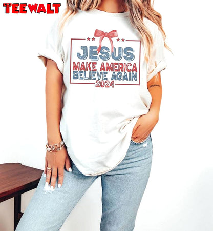 Jesus Make America Believe Again Limited Shirt, Jesus 4th Of July Short Sleeve Crewneck