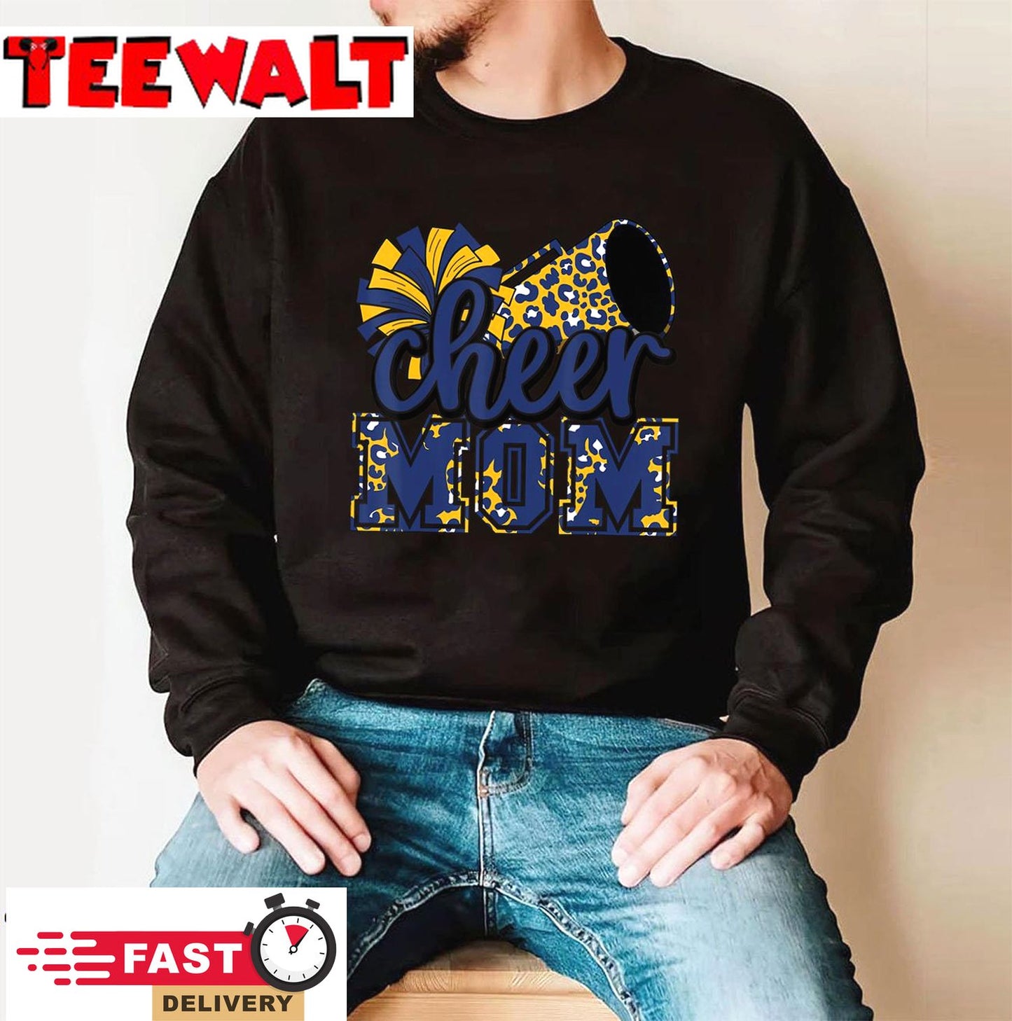 Cheer Mom Navy Leopard Cheer Poms &amp Megaphone T-Shirt