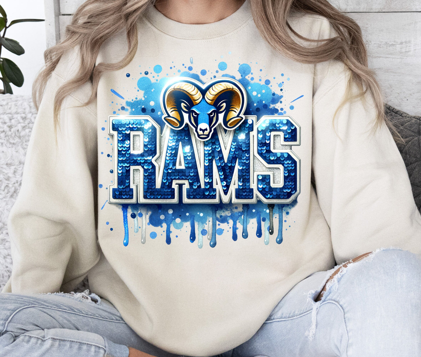 Rams Mascot Sport Game Day T-Shirt Design With Blue Sequins