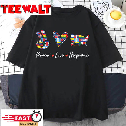 Peace Love Hispanic Heritage Countries Flags Men Women Kids T-Shirt