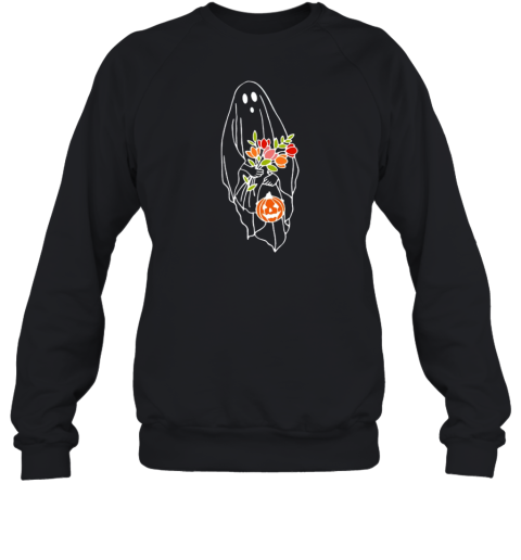 Halloween Ghost Holding Flowers Pumpkin T-Shirt