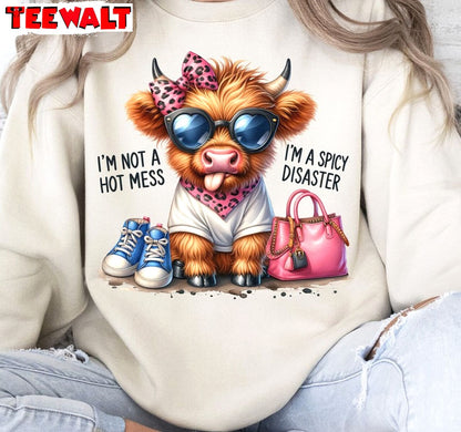 Funny Highland Cow Unisex Hoodie, Groovy I'm Not A Hot Mess I'm A Spicy Disaster Shirt Hoodie