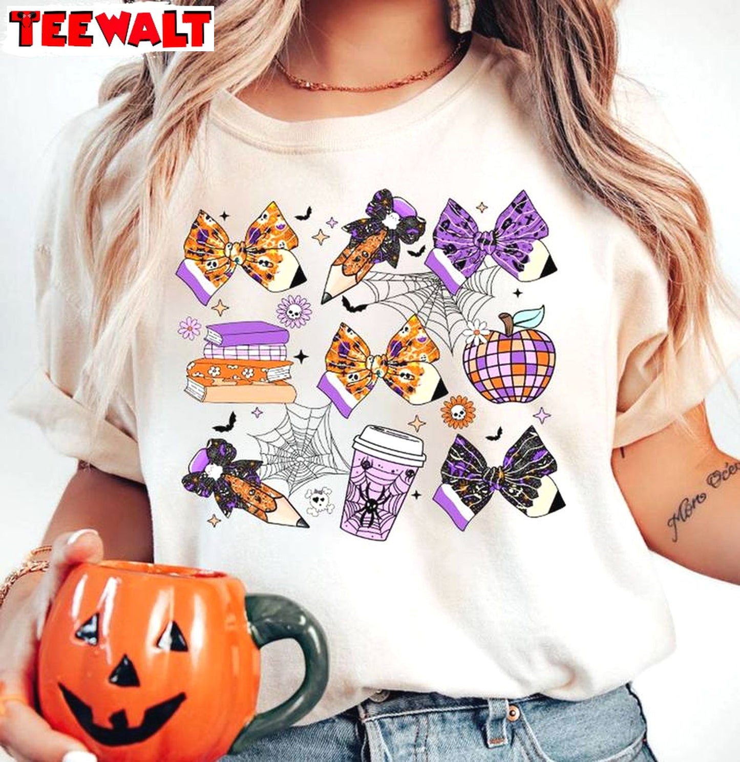 Teacher Halloween Pencil Unisex Hoodie, Halloween Coquette Bow Long Sleeve Tee Tops