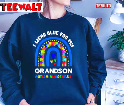 Funny I Wear Blue For My Grandson Autism Awareness Rainbow Puzzle Unisex T-Shirt