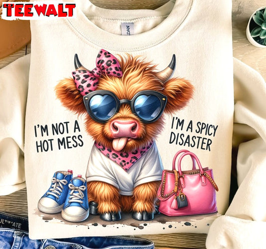 Funny Highland Cow Unisex Hoodie, Groovy I'm Not A Hot Mess I'm A Spicy Disaster Shirt Hoodie