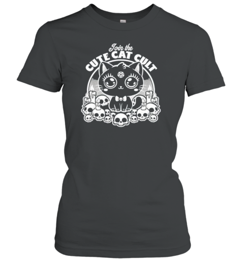 Join The Cute Cat Cult Black And White Skull T-Shirt