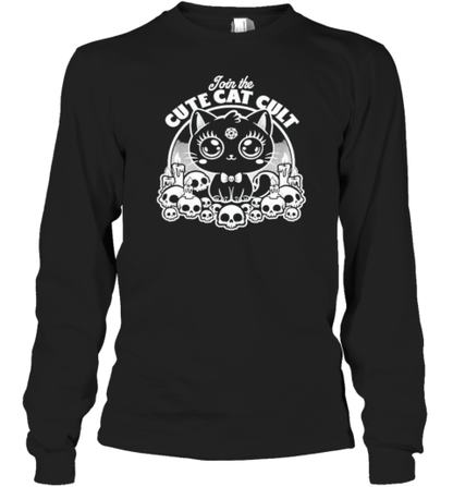 Join The Cute Cat Cult Black And White Skull T-Shirt