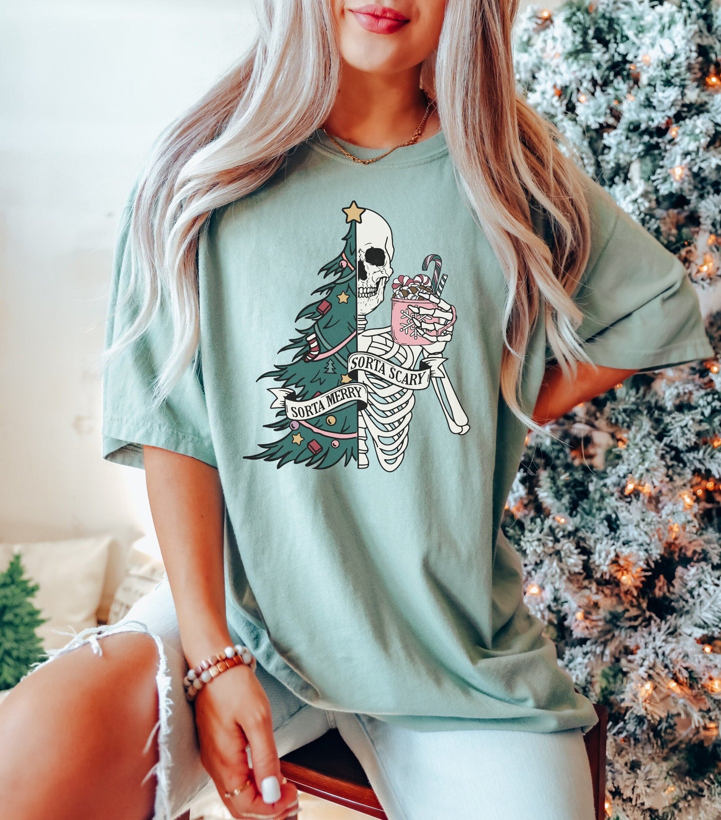 Sorta Merry Sorta Scary Christmas Skeleton Shirt Funny Tee