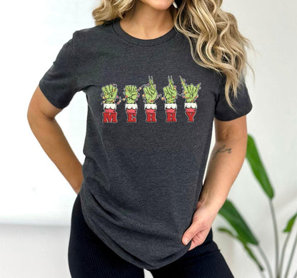 Grinch Hand Asl Merry Christmas Sign Language Tee For Her