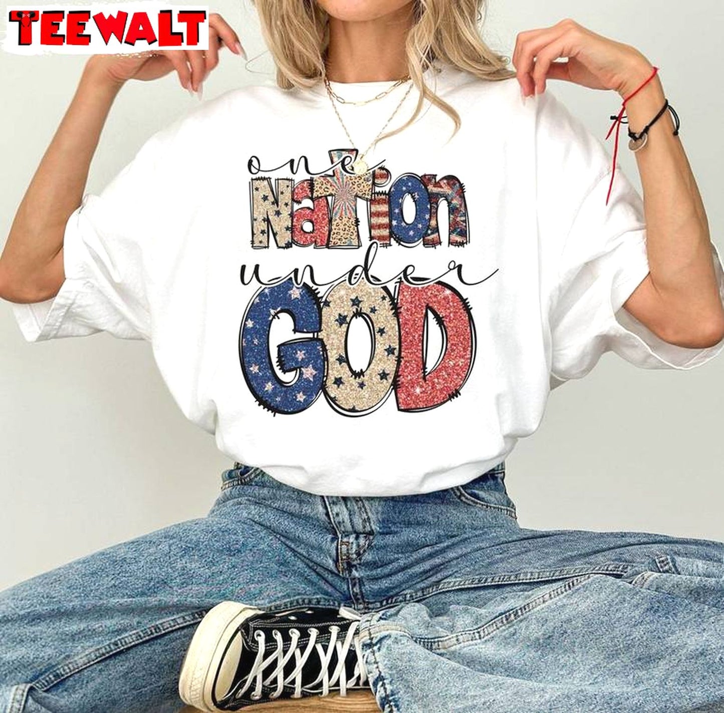 Vintage One Nation Under God Shirt, Comfort 4th Of July Short Sleeve Crewneck