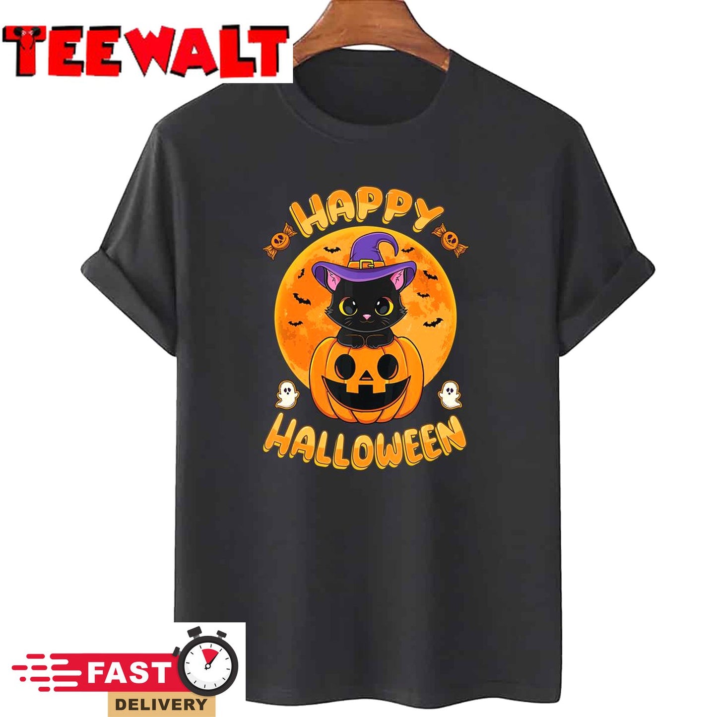 Halloween Black Cat Witch Hat Pumpkin For Kids Girls Boys T-Shirt