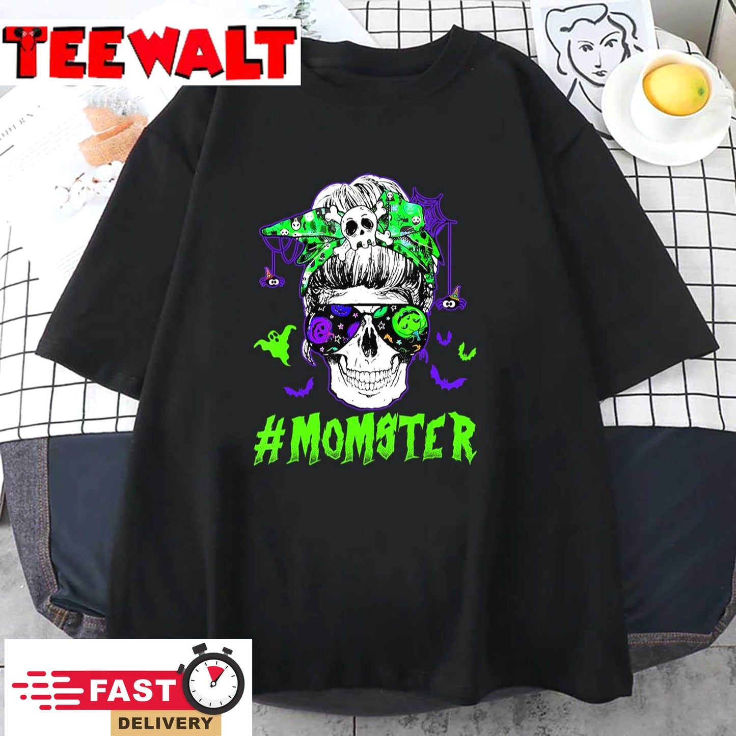 Momster Halloween Costume Skull Mom Messy Hair Bun Monster T-Shirt