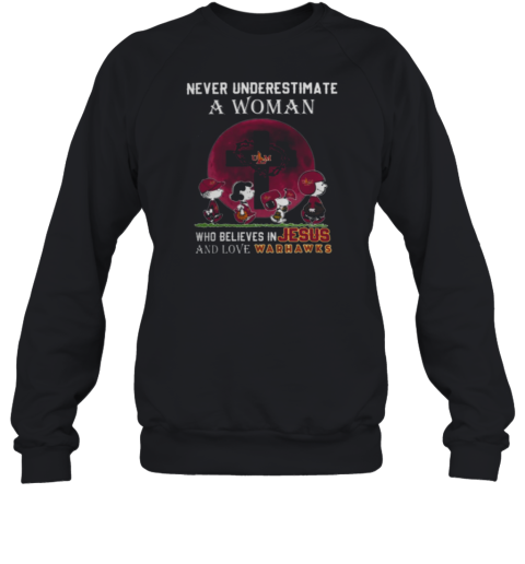 Peanuts Characters Never Underestimate A Woman Who Believes In Jesus And Loves ULM Warhawks T-Shirt - Style 2