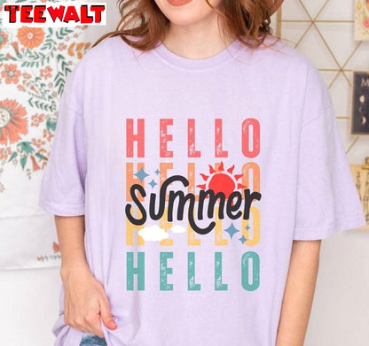 Comfort Colors Hello Summer Shirt, Retro Sunset Unisex T Shirt Long Sleeve