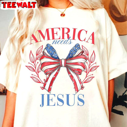 New Rare America Needs Jesus Shirt, Cool Design Coquette Bow Unisex Hoodie Short Sleeve