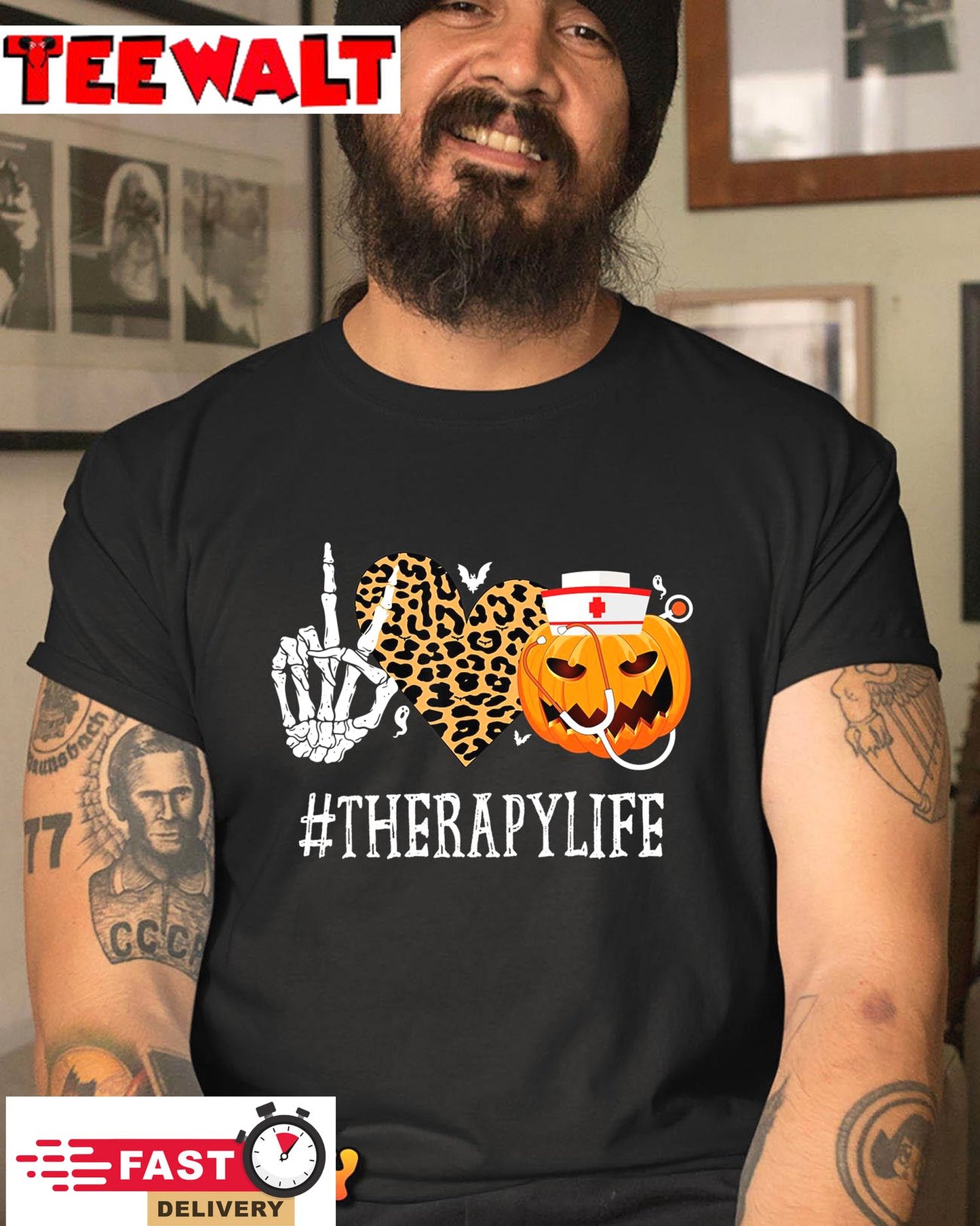 Therapy Peace Love Pumpkin Funny Halloween Leopard T-Shirt