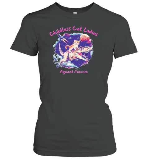 Cat Riding A Dinosaur Childless Cat Ladies Against Fascism Kamala Harris 2024 Female President T-Shirt