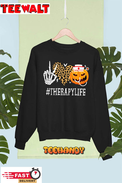 Therapy Peace Love Pumpkin Funny Halloween Leopard T-Shirt