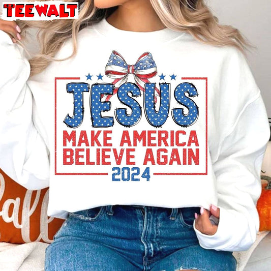 Retro Jesus Make America Believe Again Shirt, Funny Christian Short Sleeve Long Sleeve