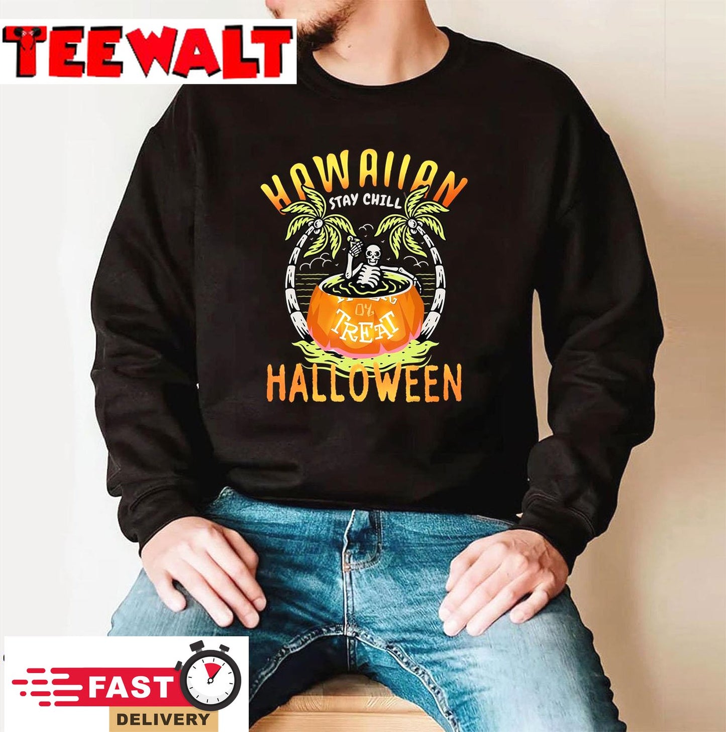 Hawaii Skeleton Chilling Trick treat Pumpkin Halloween 2022 T-Shirt