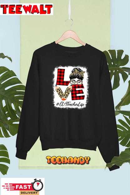 ELA Teacher Love Messy Bun Leopard Buffalo Back To School T-Shirt