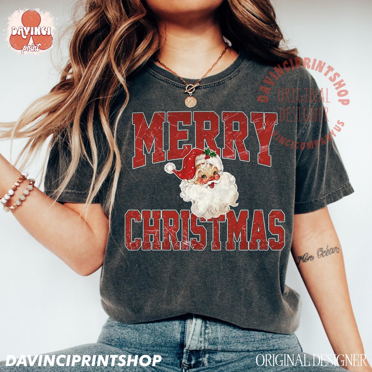 Distressed Retro Santa Christmas Holiday Tee