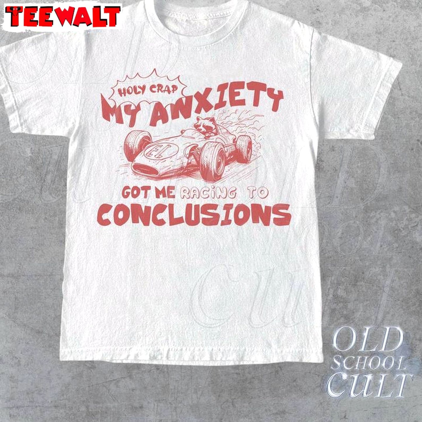 My Anxiety Got Me Racing To Conclusions Shirt, Raccoon Racing Long Sleeve Crewneck Sweatshirt