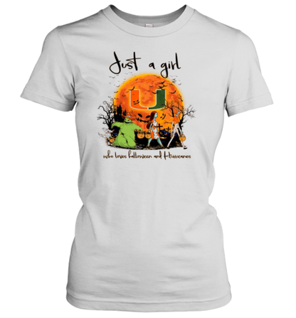 Just A Girl Who Love Halloween And Miami Hurricanes Football T-Shirt