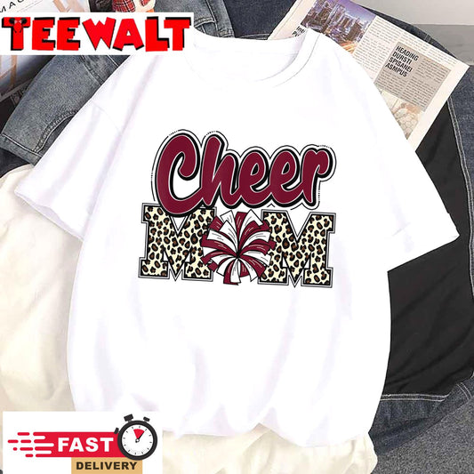 Cheer Mom Maroon Leopard Letters Cheer Pom Poms T-Shirt