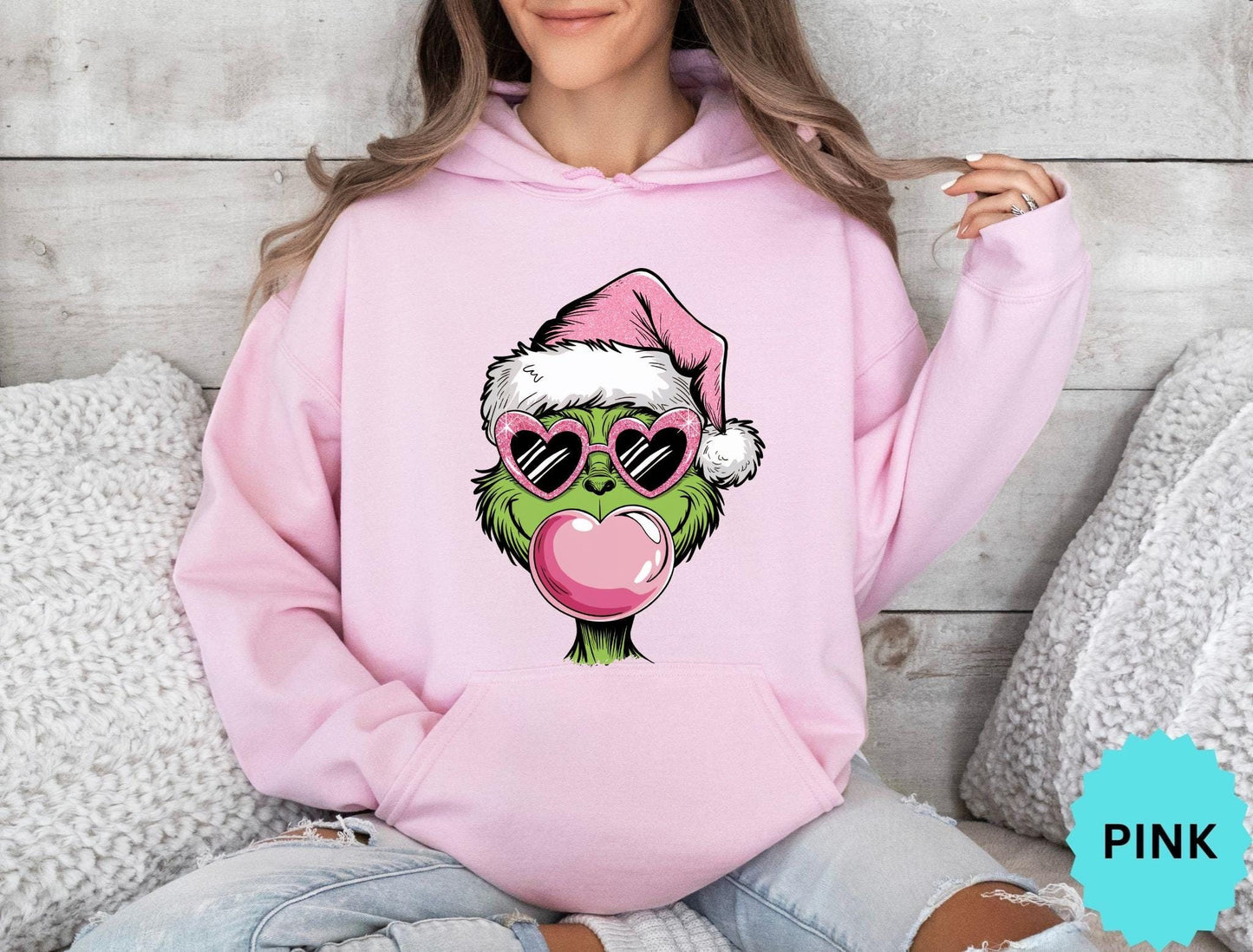 Retro Christmas Grinch With Pink Glasses Hoodie Sweatshirt