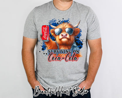 Surviving On Coca Cola Shirt Highland Cow Soda Pop Design