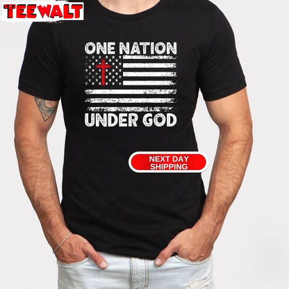 Limited One Nation Under God Shirt, American Flag With Cross Short Sleeve Crewneck