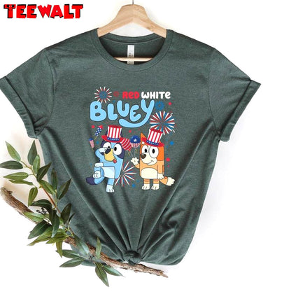 Funny Bluey 4th Of July Short Sleeve , New Rare Red White And Bluey Shirt Crewneck