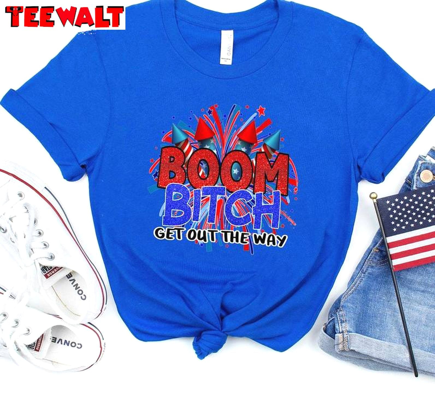 New Rare Boom Bitch Get Out The Way Shirt, Funny Fireworks Short Sleeve Crewneck