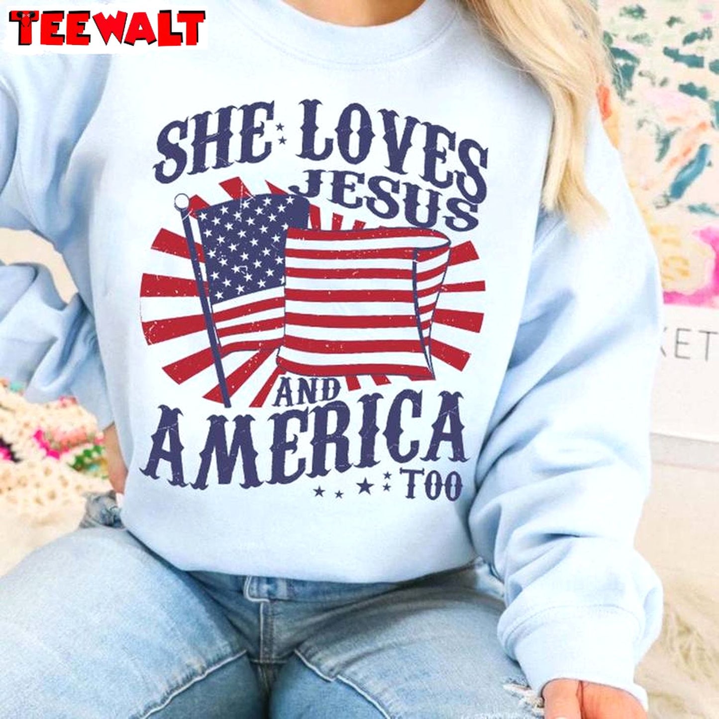 She Loves Jesus And America Too Inspirational Shirt, 4th Of July Long Sleeve Tee Tops