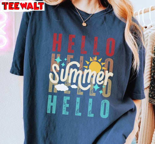 Comfort Colors Hello Summer Shirt, Retro Sunset Unisex T Shirt Long Sleeve