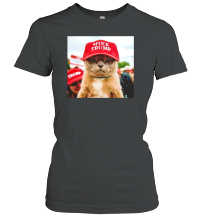 Cat Wearing Red Fuck Trump Hat Cat For Kamala T-Shirt