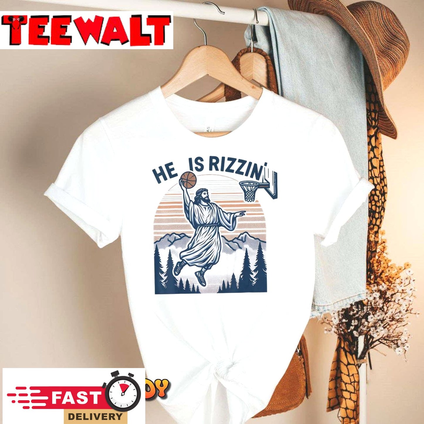 He Is Rizzin Shirt Basketball Jesus Retro Easter Christian T-Shirt