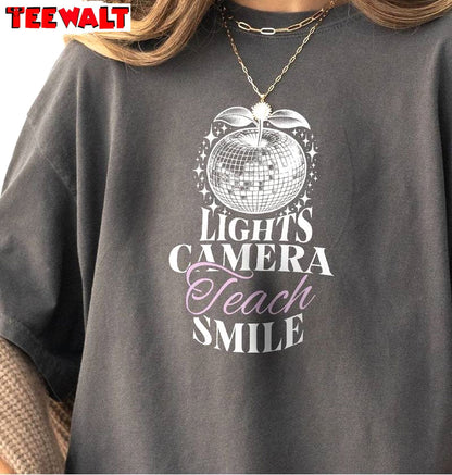 Lights Camera Teach Smile Groovy Shirt, Unique Poets Department Crewneck Long Sleeve