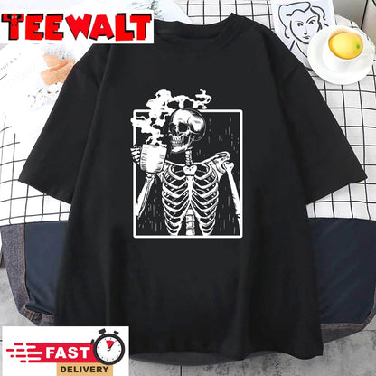 Skeleton Drinking Coffee - Back Design White Pullover Hoodie