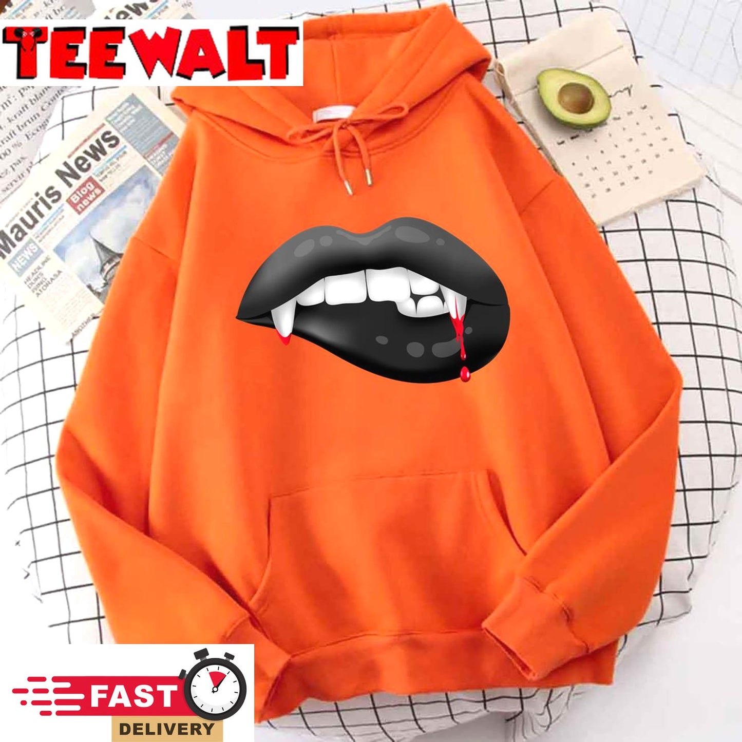 Sexy Vampire Fangs Black Lips for men and women Halloween Pullover Hoodie