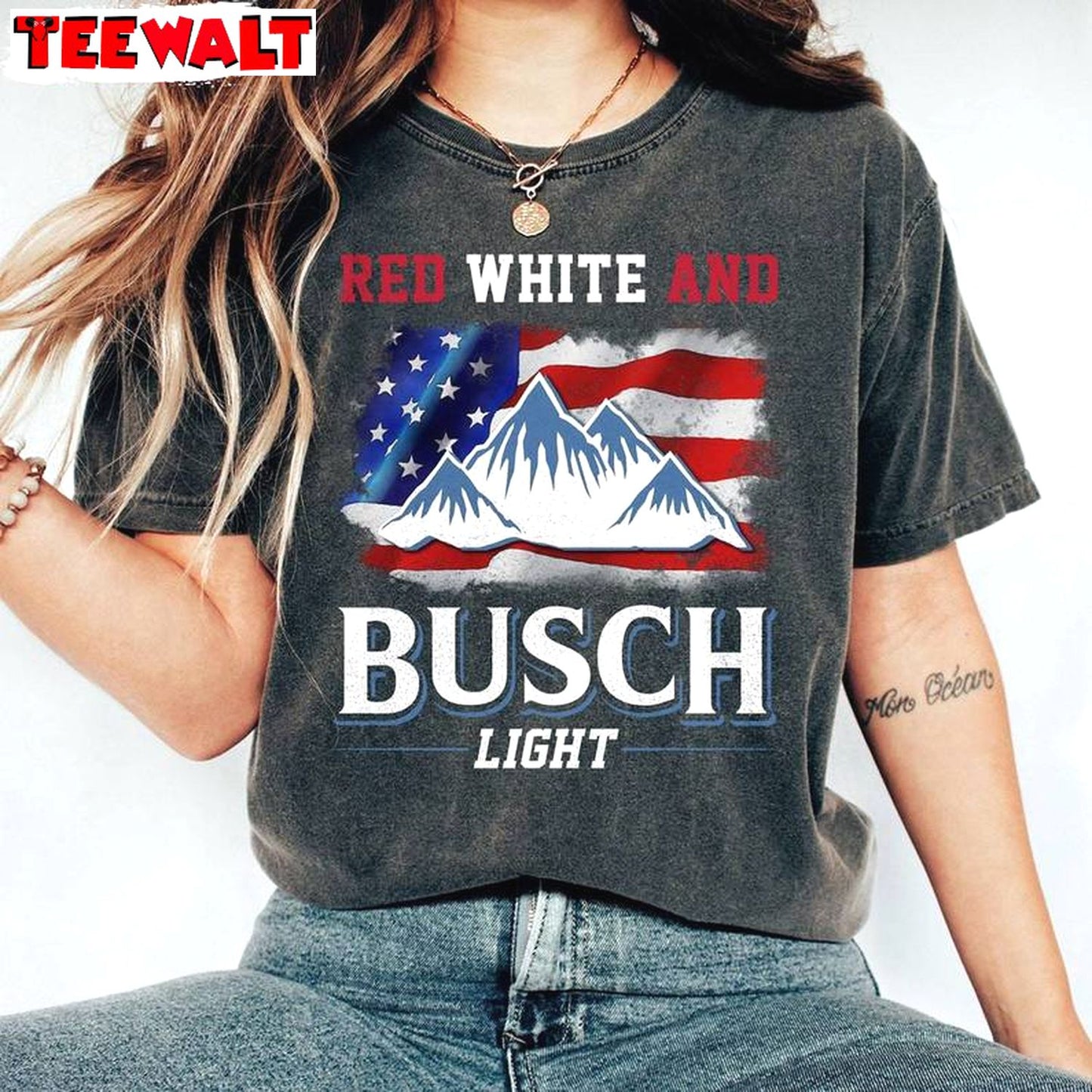 Trendy Red White And Busch Light Shirt, Unique Crewneck Long Sleeve For Men Women