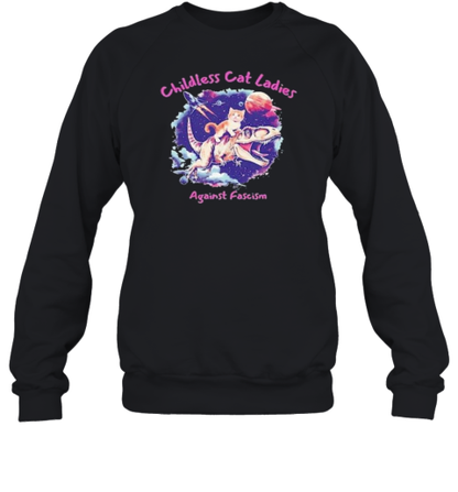 Cat Riding A Dinosaur Childless Cat Ladies Against Fascism Kamala Harris 2024 Female President T-Shirt