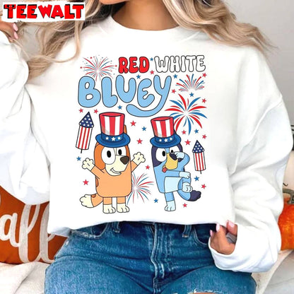 Cool Design Red White And Bluey Shirt, Limited America Short Sleeve Crewneck